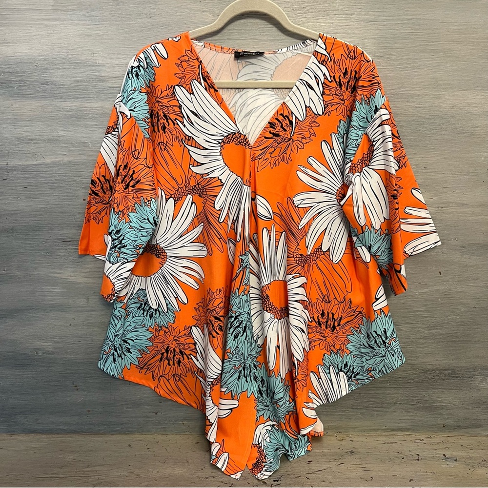 Sucrefas Orange Large Daisy Print Front Tie Short Sleeve Blouse Large NWT - Picture 5 of 7